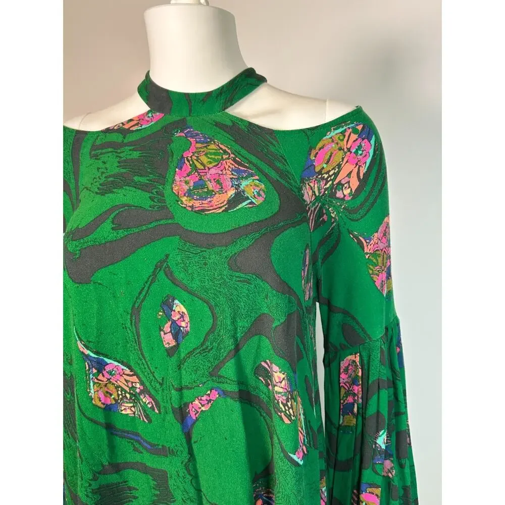 Free People Green Floral Cold Shoulder Halter Tunic Blouse Size Small Boho